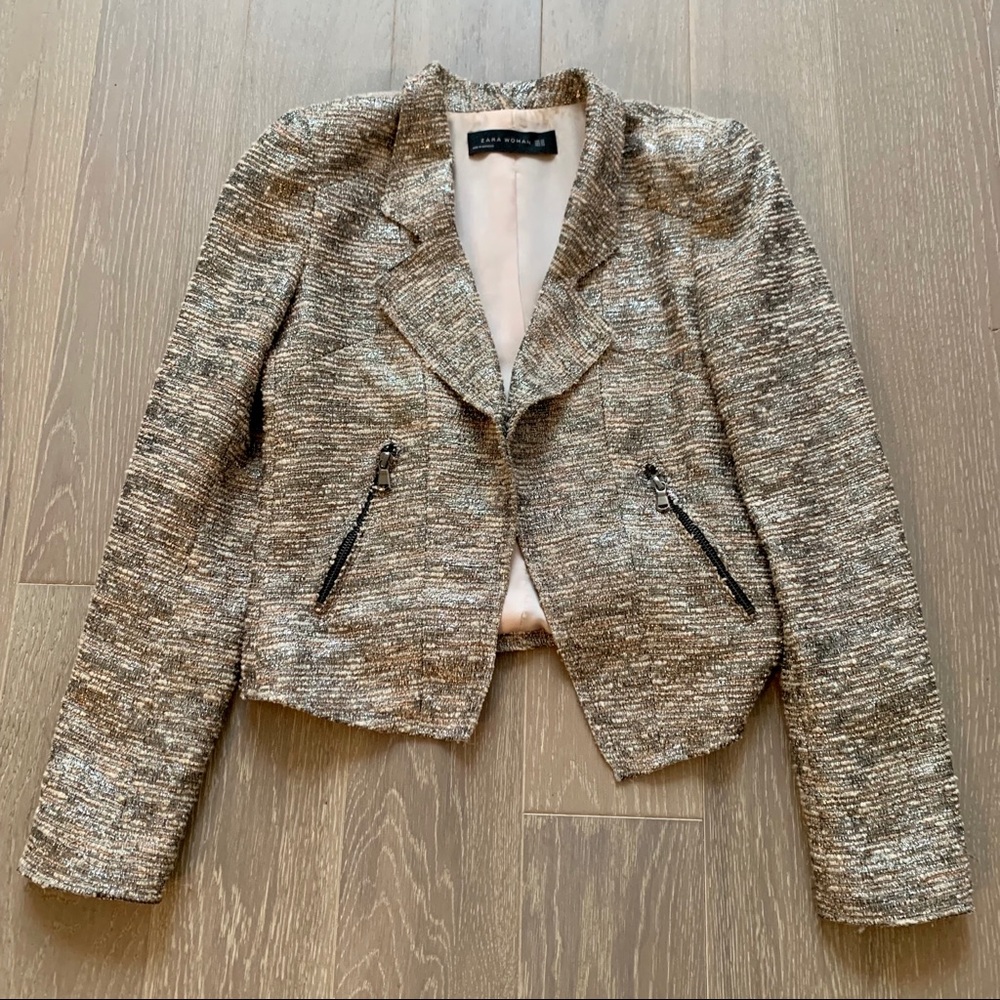 ZARA WOMAN Metallic Boucle Tweed Biker Moto Jacket